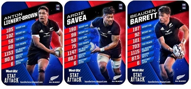 Weet-Bix Rugby Cards 2022 All Blacks Stat Attack Anton Lienert-Brown, Ardie Savea and Beauden Barrett cards