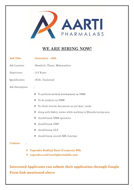 Aarti Pharmalab Hiring For BSc/ MSc/BE Chemical - Production and ADL Department