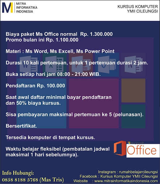 Paket Kursus Microsoft Office (Word, Excell, Power Point) di Kursus Komputer YMII Cileungsi untuk masyarakat Cibubur, Cileungsi, Jonggol, Gunung Putri, Kelapa Nunggal, Citereup