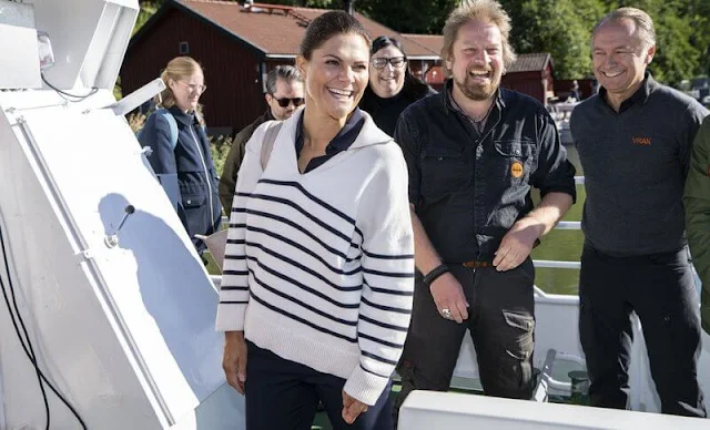 Crown Princess Victoria wore a new ivory cashmere navy striped jumper by Soft Goat. Marine Archaeological Museum