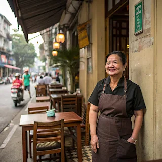 A person standing outside a café in Hội An, Vietnam, with tables, lanterns, and a bustling street scene.