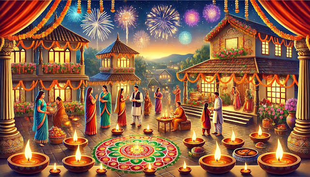 A lively Diwali celebration at dusk, with homes and temples decorated in glowing clay oil lamps (diyas) lining pathways and windows. Colorful rangoli patterns adorn the ground, while a serene evening sky is lit with soft, sparkling fireworks. People dressed in traditional Indian attire, such as sarees and kurtas, are joyfully gathered, exchanging sweets and gifts, symbolizing unity and love. Flowers, festive decor, and a small statue of the goddess Lakshmi add to the scene, blessing the gathering with prosperity. The atmosphere radiates warmth, harmony, and celebration