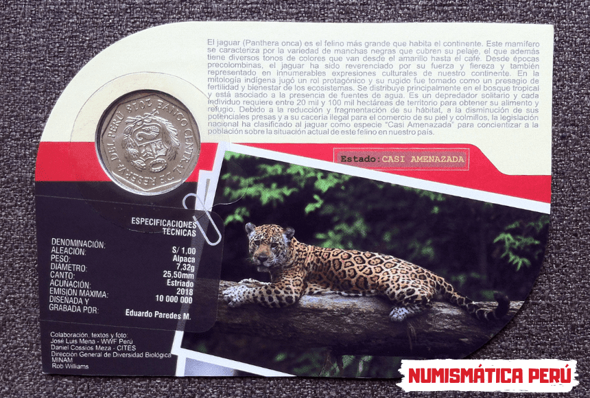 blister moneda jaguar, serie fauna silvestre amenazada del peru