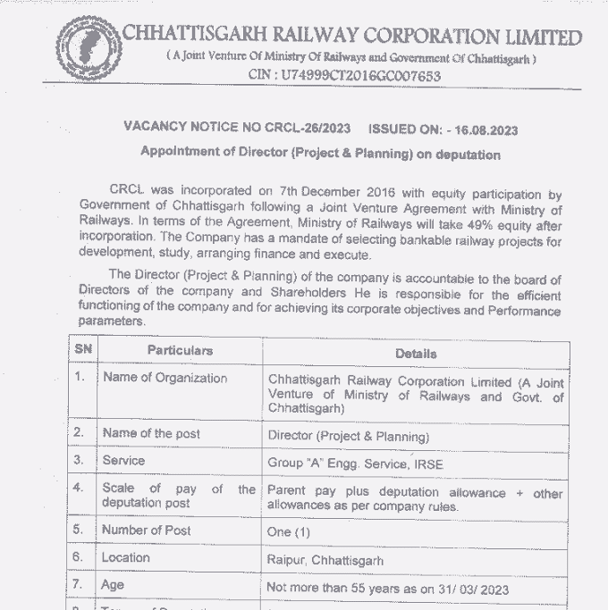 CHHATTISGARH RAILWAY CORPORATION RECRUITMENT 2023 | छत्तीसगढ़ रेलवे कारपोरेशन लिमिटेड रायपुर में वेकेंसी