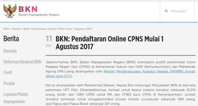  ini hanya untuk formasi  Kementerian Hukum dan HAM  Pendaftaran Online CPNS Mulai 1 Agustus 2017