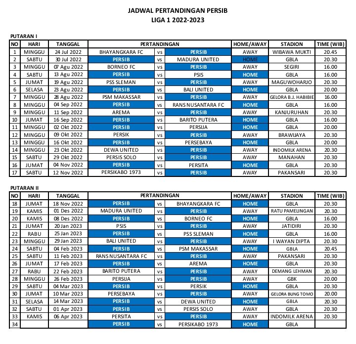 Jadwal Persib Bandung di Liga 1 2022-2023 Lengkap!