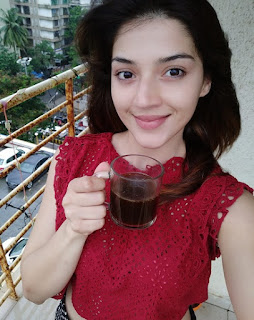 Mehreen Pirzada in Maroon Color Dress with Cute Smile