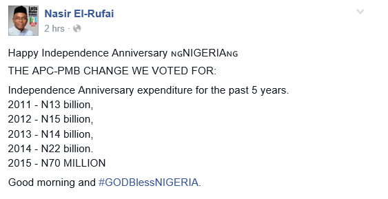 El-Rufai compares the Billions of Naira spent by Jonathan for the yearly Independence celebration to Buhari's N70 Million