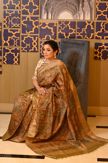 Pure Tussar, zari border, hand done pen kalamkari saree