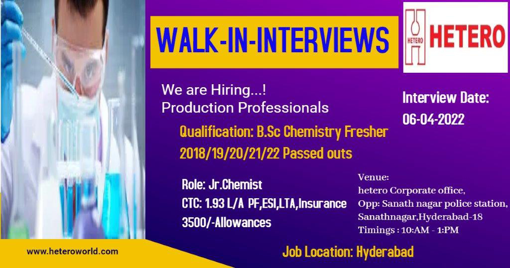 Job Availables,Hetero Walk-In-Interview For BSc Chemistry- Freshers