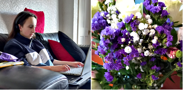 Eldest on her laptop and flowers