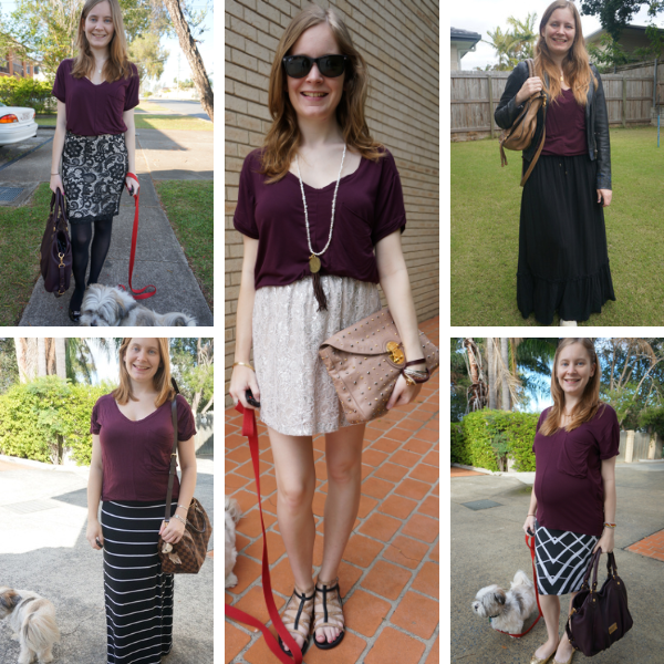 5 ways to wear wine purple tee with skirts awayfromblue