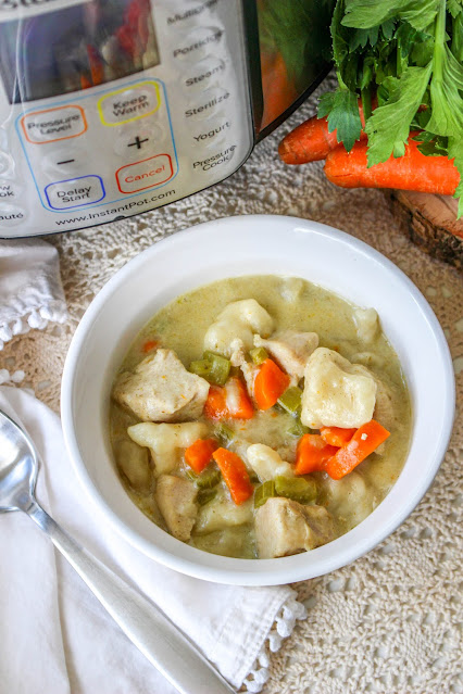 chicken and dumplings in a white bowl with instant pot and spoon.