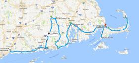 Map of Gypsy Moth Tour through Connecticut, Rhode Island, and Massachusetts