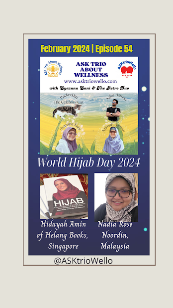 ASK Trio About Wellness Cover Art with Hijab: Everyday Stories of Muslim Women from Singapore and Beyond and by Hidayah Amin of Helang Books, Singapore and Malaysian Nadia Rose Noordin