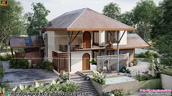 Front Elevation View of 4800 Sq. Ft. Tropical House with Sculptures