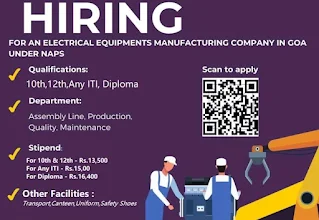 10th, 12th Pass, ITI, and Diploma Jobs Vacancies in an Electrical Equipment Manufacturing Company Goa Location | Online Apply