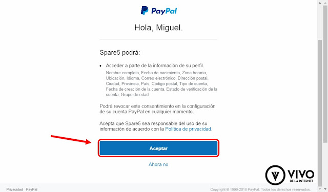 Autorizar a Spare5 de acceder a tu información en PayPal.