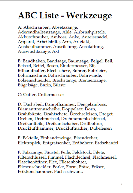 Ausarbeitung in PDF-Datei: Abc Liste - Werkzeuge