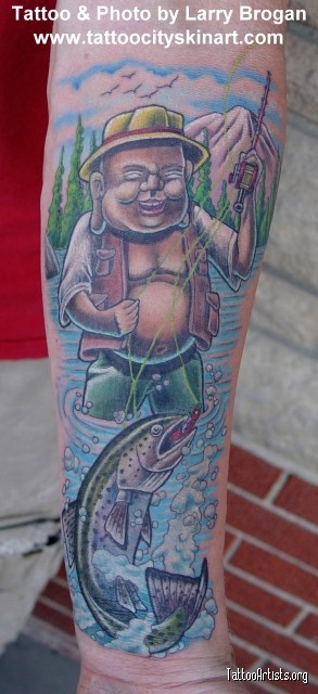 Funny Laughing Buddha Tattoo. Creativity with Toilet Seat.