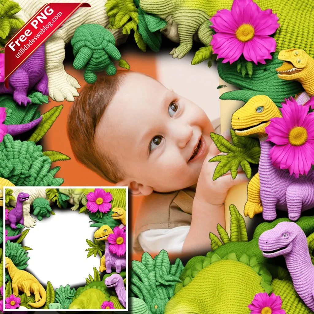 marco para fotos con dinosaurios bordados o de crochet en png con fondo transparente para descargar gratis