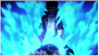 Dabi standing over the burnt Hawks, blue flames irradiating from his body.