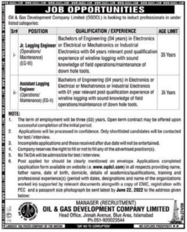 Latest Oil & Gas Development Company Limited OGDCL Engineering Posts Islamabad 2022