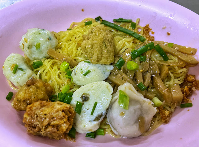 dry noodles with fish balls in Bangkok, Thailand