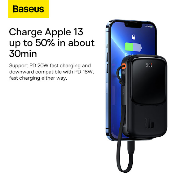 Pin dự phòng tích hợp cáp sạc Baseus Qpow Pro Digital Display Fast Charge Power Bank 10000mAh 20W（With Simple charging cable  Type-C  3A 0.5M ) - Kèm dây Lightning
