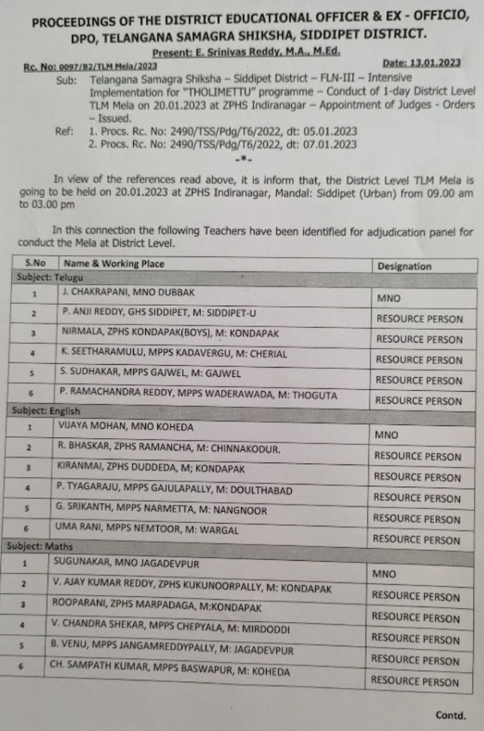 Intensive Implementation for "THOLIMETTU" programme - Conduct of 1-day District Level TLM Mela on 20.01.2023 at ZPHS Indiranagar - Appointment of Judges - Orders- Issued. Rc. No: 0097/82/TLM Mela/2023 Date: 13.01.2023