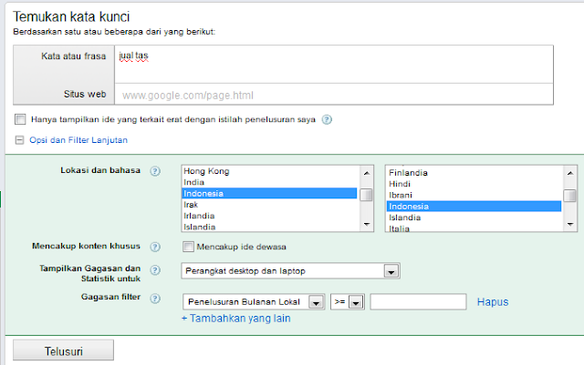 Gambar 1: riset kata kunci dengan google external Keyword Tool