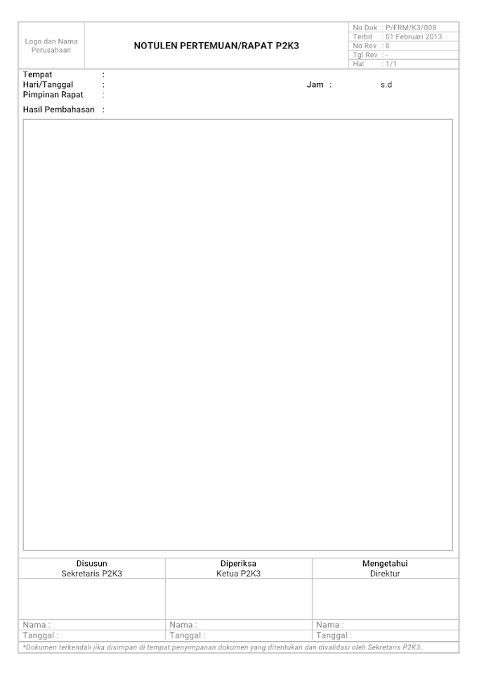 Contoh Formulir Notulen Pertemuan/Rapat K3