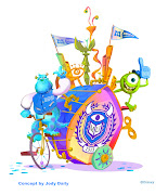 A concept illustration by Jody for the updated Pixar Play Parade at Disney .