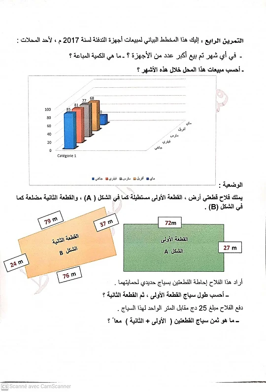 اختبار في الرياضيات الفصل الاول للسنة الرابعة ابتدائي