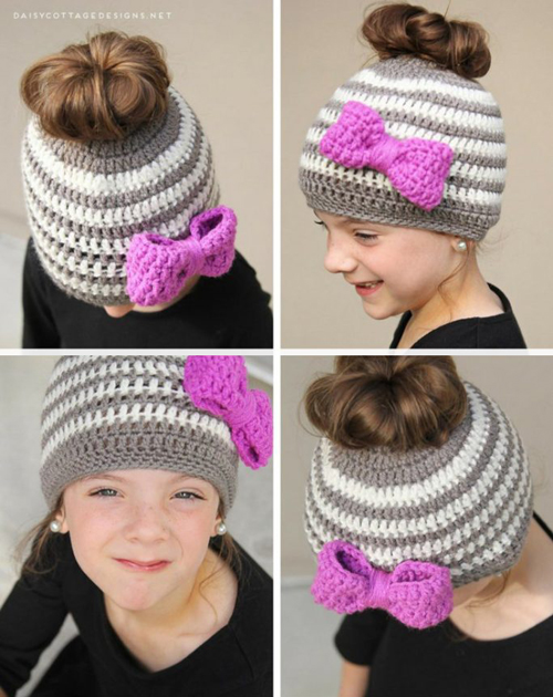 Kids Messy Bun Hat - Free Crochet Pattern