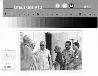 Lao Buddhist Photo Archive - Rare documented visits of the Buddhist monks of Luangprabang to the “Liberated Zone and the north-eastern provinces of Laos during the Civil War.  Here in this photo they meet with former Prime Minister Kaisone Phomvihane.