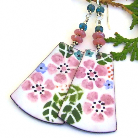 pink flower garden enamel earrings for women