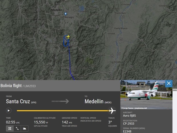 Trajeto pode ser visto por qualquer pessoa conectada a internet, imediatamente após o acidente com o voo da Chapecoense.