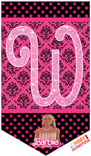 Barbie Movie: Free Printable Bunting with Sparkling Pink Glitter Letters and Numbers. Barbie la Película: Banderines para Descargar Gratis con Letras y Números en Brillantina Rosa-