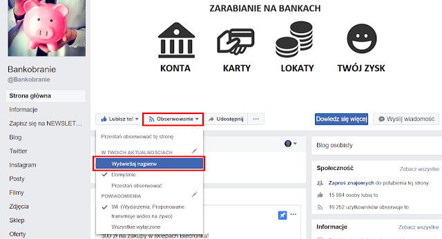 Facebook Bankobranie jak wybrać opcję wyświetlaj najpierw w powiadomieniach na Facebooku