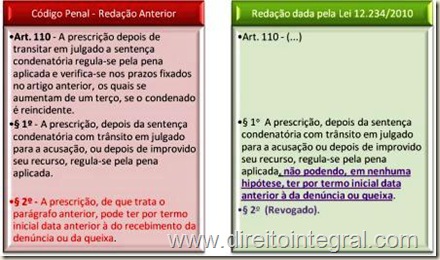 Código Penal, art. 110, §1º. Alteração da Lei 12234/2010 - Quadro Comparativo.