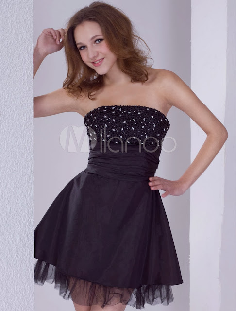 China Wholesale Clothes - Black Strapless Beaded Satin Cocktail Homecoming Dress