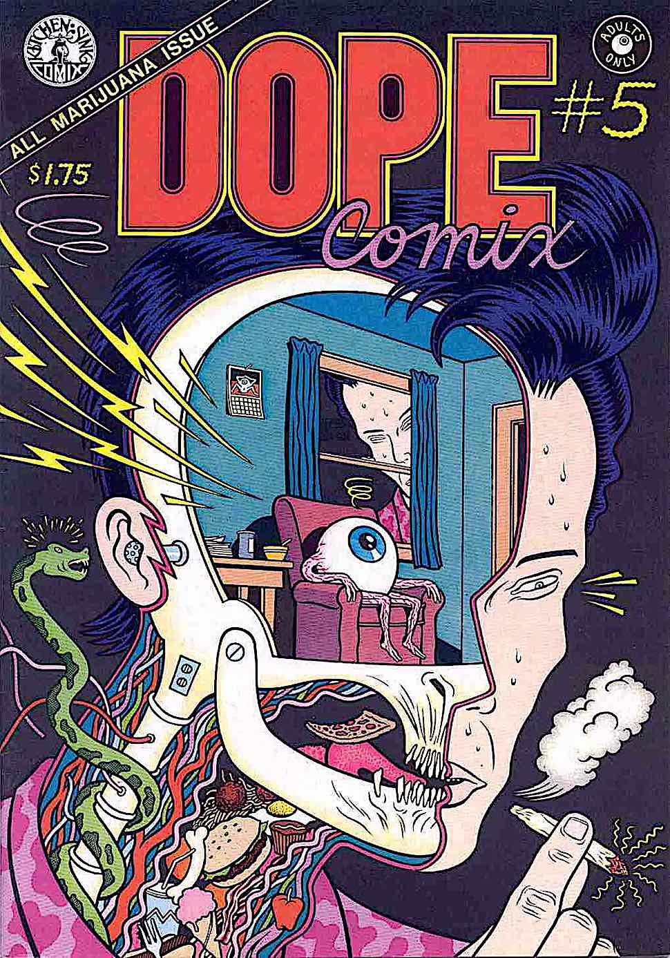 Charles Burns Dope Comics, All Marijuana Issue, a strange man smoking weed