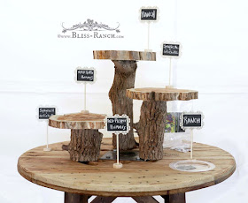Wood Spool, tree slice and log crudite display, Bliss-Ranch.com