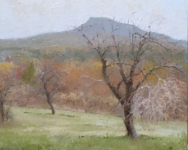 Oil painting of bare apple trees  against a background of woods and hazily visible mountain. Branches in foreground are lighter colored, presumably dead and covered with lichen or fungus.