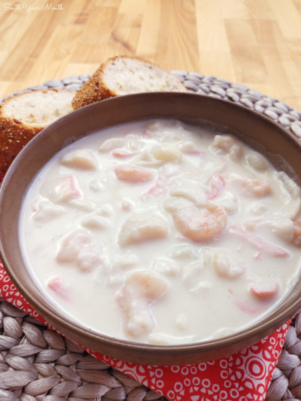 Shellfish Chowde! A family recipe for hearty, creamy chowder loaded with shrimp, scallops, clams and crab that's surprisingly simple to make.