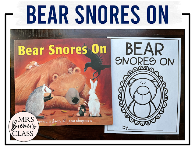 Bear Snores On book activities unit with literacy printables, reading companion activities, lesson ideas, and comprehension worksheets for Kindergarten and First Grade