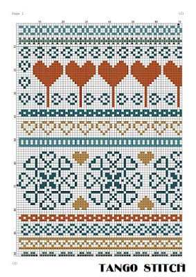 Orange blue hearts sampler cross stitch ornament  embroidery pattern - Tango Stitch