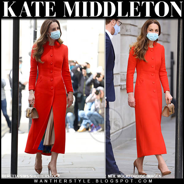 Kate Middleton in long red coat and brown pumps