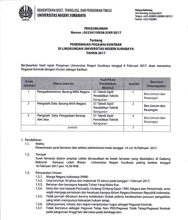 PENERIMAAN PEGAWAI KONTRAK DI LINGKUNGAN UNESA TAHUN 2017